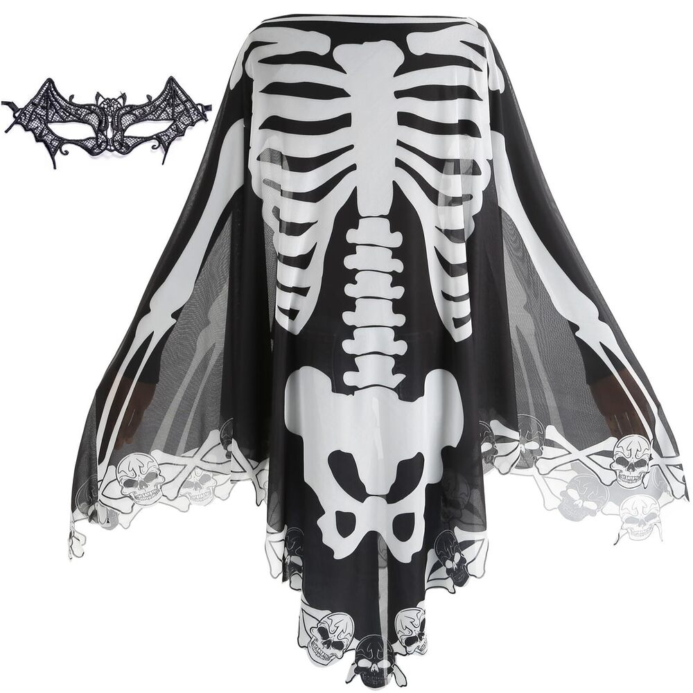 4529 Halloween Skeleton Costume Lace Poncho Day of The Dead Costume Plus